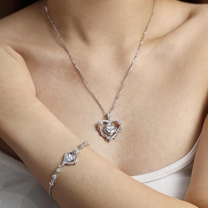 AGVANA April Birthstone Jewelry CZ Necklace for Women Sterling Silver Heart Rose Flower Pendant Necklace Anniversary Birthday Gifts for Women Mom Wife Her