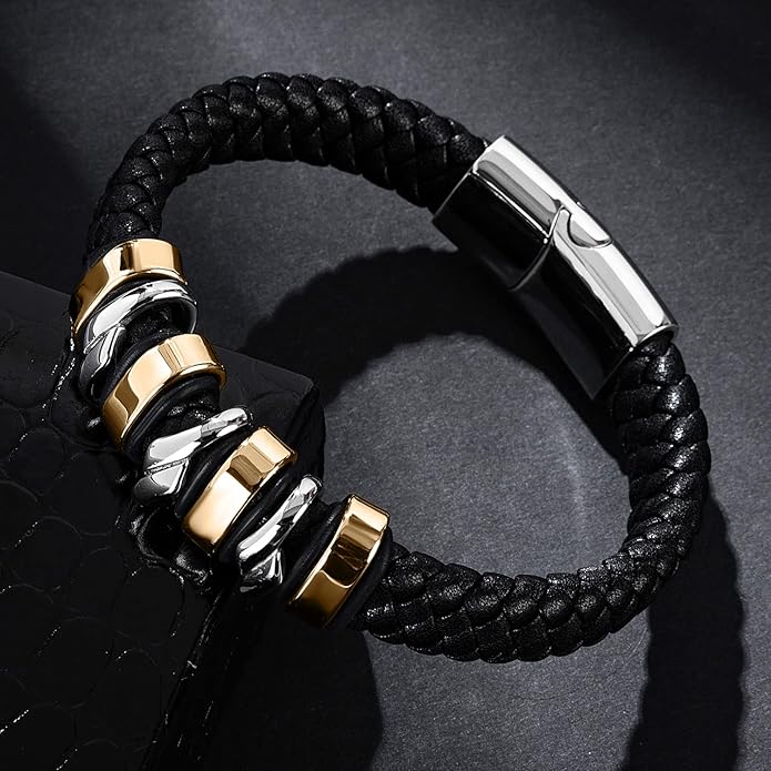 Leather Bracelet for Men Braided Cuff Wristband Stainless Steel Clasp in Silver and Gold Jewellery Gift