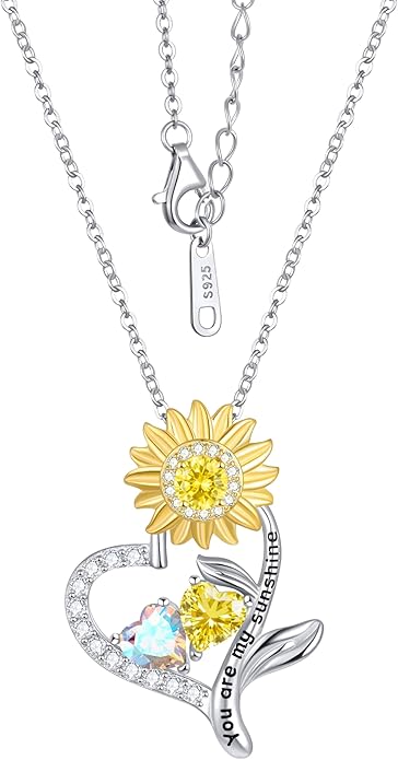 PERJI Valentine's Day Gifts for Women - 925 Sterling Silver Double Birthstone Sunflower Necklace, Anniversary Birthday Jewelry You are My Sunshine Gifts for Wife Couple Girlfriend 18"+2" Non Tarnish