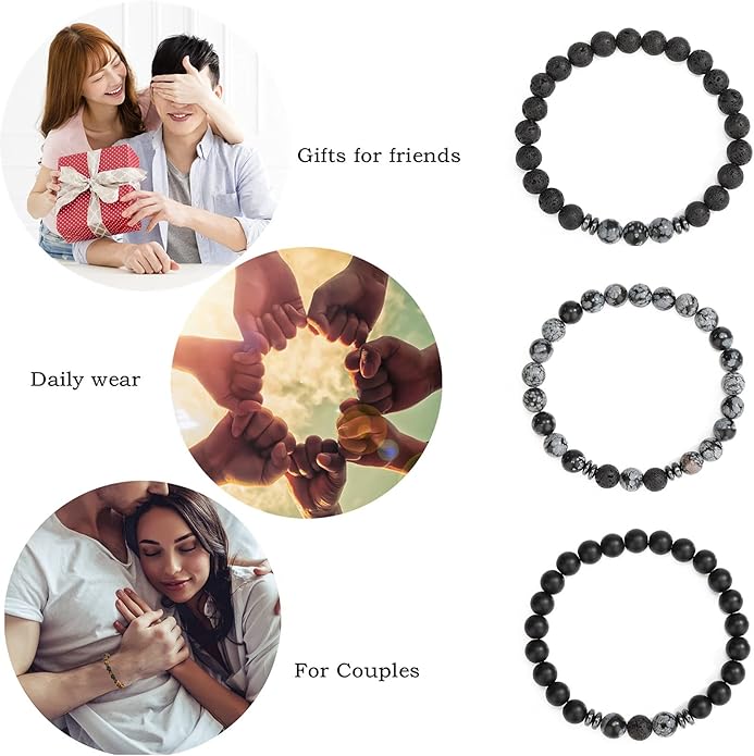 MengPa Mens Beaded Bracelets Couples Matching Bracelet Set Lava Rock Beads for Women Stone Jewelry