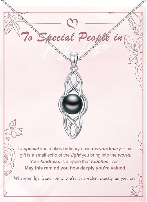 KANNSOAR Tahitian Black Pearl AAAA 18K White Gold Plated Sterling Silver Celtic Knot Pendant Necklace for Women Wife Mom Girlfriend Valentine Her Jewelry Gift for Anniversary Birthday