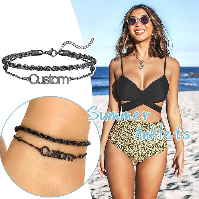 U7 Custom Layered Ankle Bracelets for Women Stainless Steel Bead/Cuban/Figaro/Rope/Wheat Chain Anklet Waterproof Anklet Jewelry for Beach Vacation