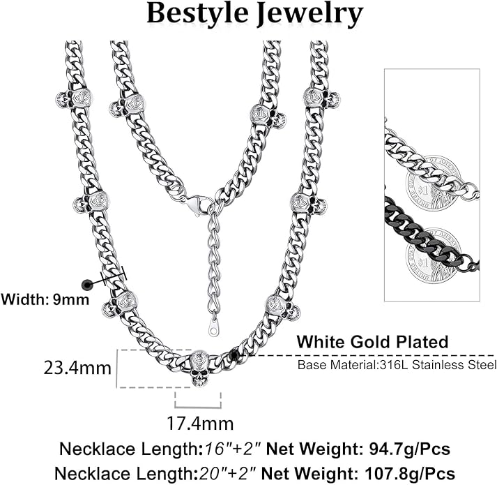 Bestyle Barbed Wire Necklace 5/7/9/12mm Mens Chain Necklaces Hip-hop Punk Gothic Stainless Steel Chain Heavy Thick Cuban Link Chain for Men Women, Length 16/18/20 Inch