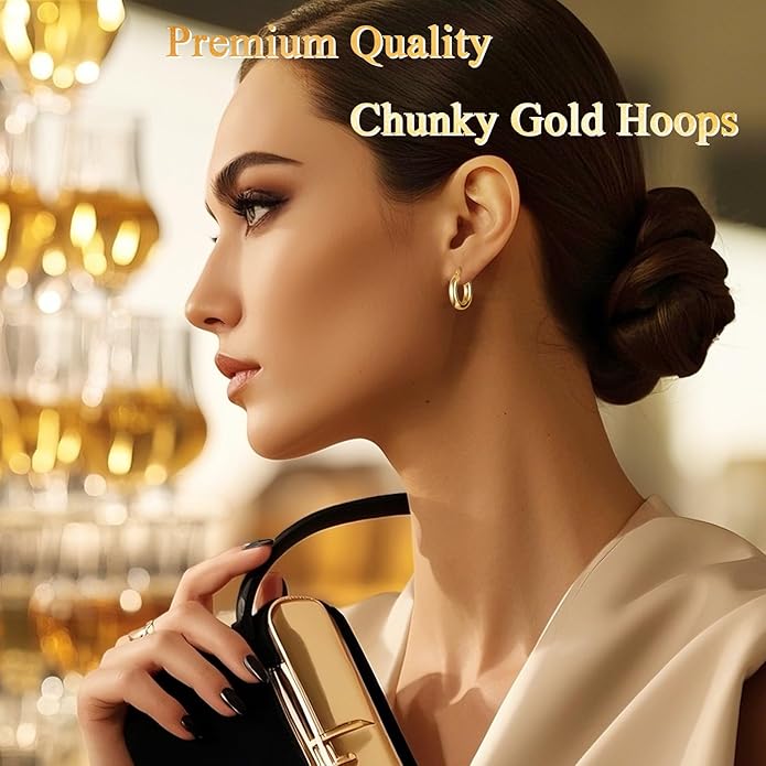 Hoop Earrings for Women, 18K Gold Plated Hoops Earrings, Hypoallergenic Lightweight Comfort Hollow Tube Hoops with Secure Push Lock, Chunky and Sleek Gold Hoops Large Earrings 20/30/40/50/60MM