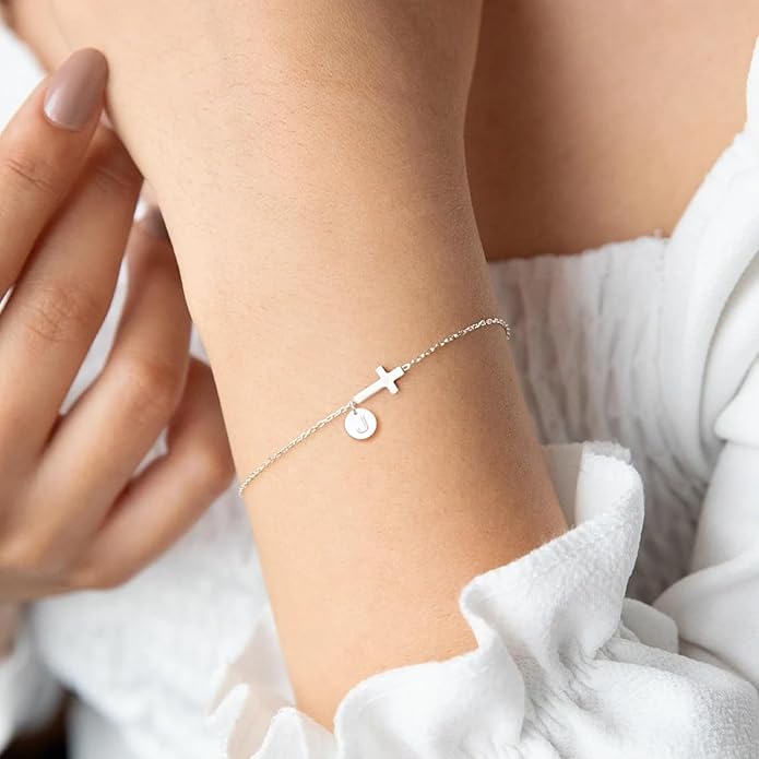 Sotcking Stuffers for Teens, Cross Bracelet for Women Dainty Cross Bracelet with Initials Link Chain Bracelets Christian Gifts for Women Teens Easter Baptism Religious Jewelry