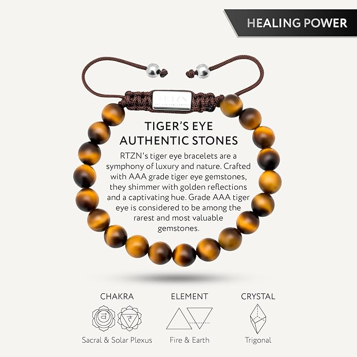RTZN® Tigers Eye Bracelet for Men – Premium Artisan Handcrafted Golden Brown Tiger Eye Bead Bracelets – Natural Stone Tiger Eye Bracelet Men – Beaded Bracelets for Men