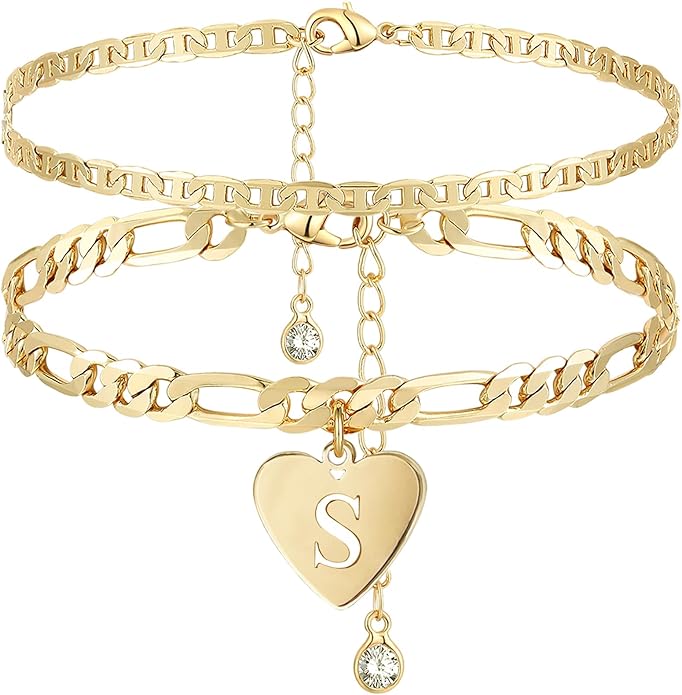 YANODA Initial Ankle Bracelets for Women, Layered Gold Anklets for Women 14k Real Gold Filled Figaro Letter Anklets for women waterproof Summer Jewelry Personalized Gifts for Women