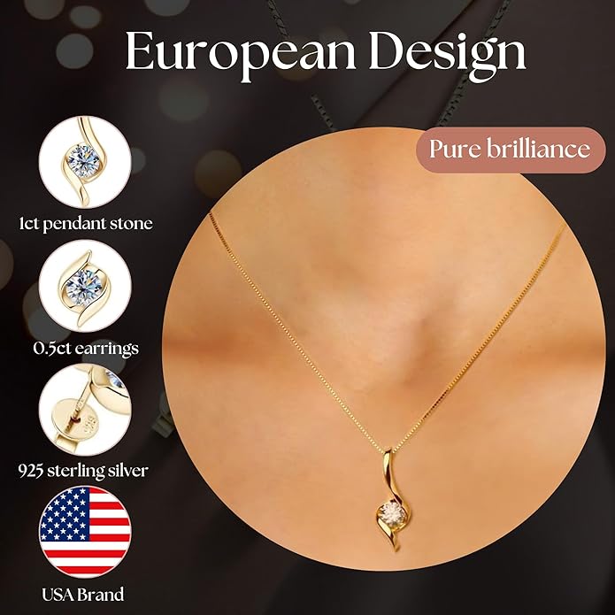 Exquisite Moissanite & 925 Sterling Silver Jewelry Set: Trendy European Design with Pendant (1 Carat, 1/4-inch, 6.5mm) and Earrings (Each: 0.5 Carat, 3/16-inch, 5mm) – Elegant Leather Gift Box Included