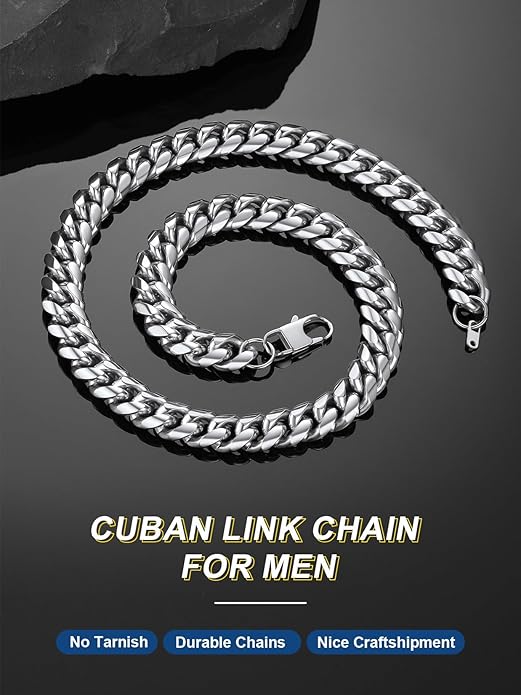 ChainsPro Chunky Miami Cuban Link Chains for Men,Stainless Steel Cuban Chain Necklace,4.8/6/10/14mm Width,No Tarnish& Thick Hip Hop Jewelry,18-30 inch Length, Black/Gold Plated/Silver,Send Gift Box