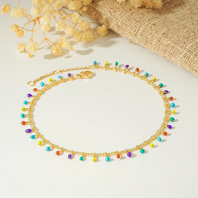 MTMY Gold Anklets for Women 14K Gold Plated Tiny Bead Anklet Colorful Tassel Foot Chain Dainty Adjustable Cute Summer Beach Boho Anklets Jewelry Gift