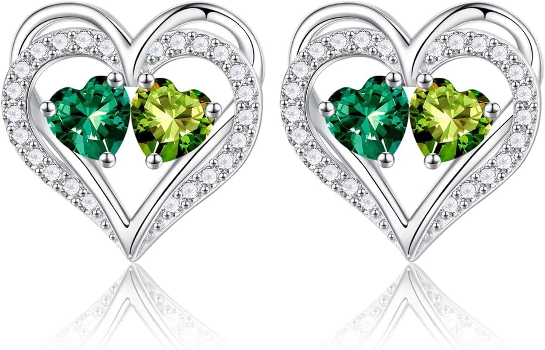 Iefil Birthstone Earrings for Women - 925 Sterling Silver Heart Earrings Anniversary Birthday Gifts for Women Wife Girlfriend Mom