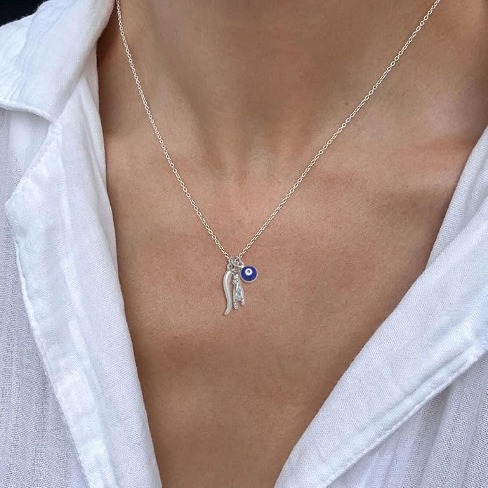 Dainty Blue Evil Eye Charm Horn Pendant Necklace for Women's Spiritual Protection Jewelry 14K Gold Plated