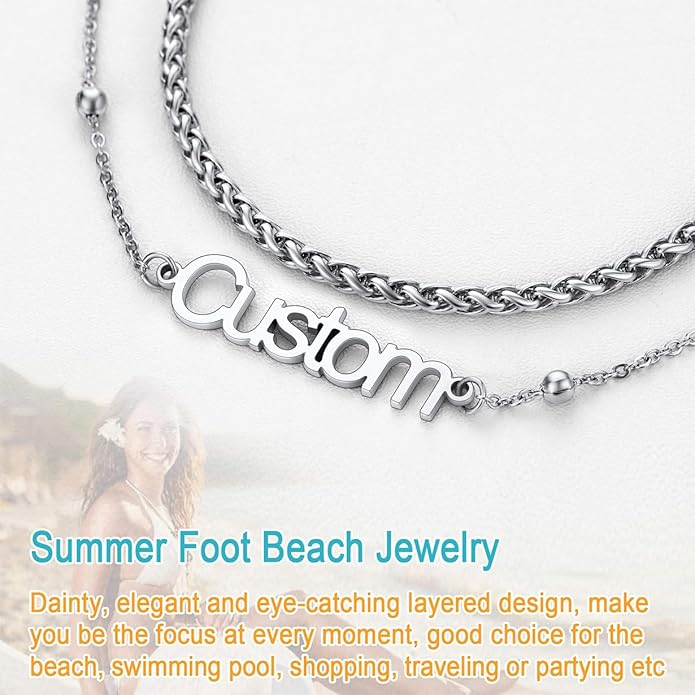 U7 Custom Layered Ankle Bracelets for Women Stainless Steel Bead/Cuban/Figaro/Rope/Wheat Chain Anklet Waterproof Anklet Jewelry for Beach Vacation