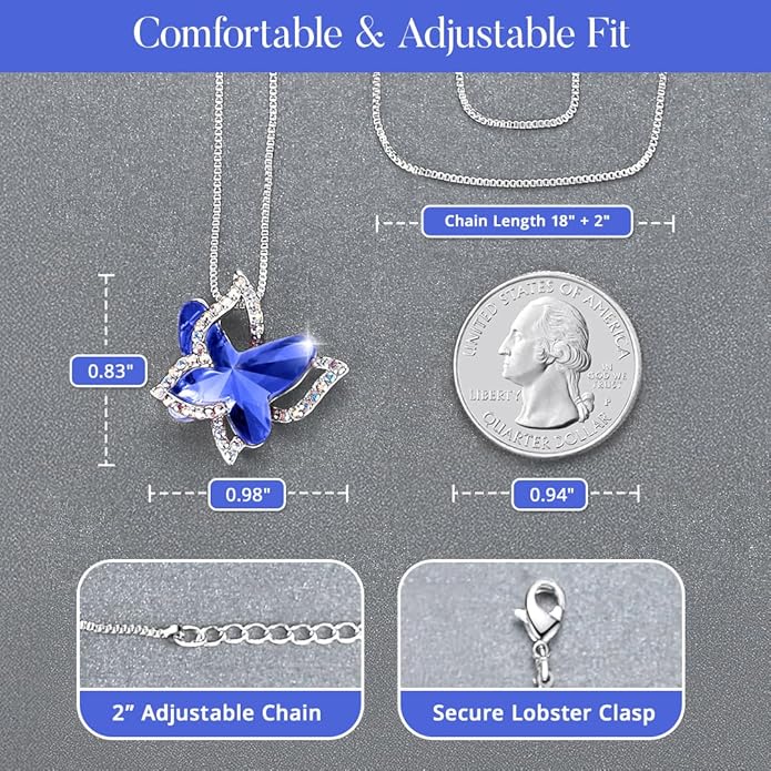 Gift Butterfly Birthstone Crystal Necklace, Silver Tone with 18”+2” Chain, Necklace for Mother’s Day Anniversary Birthday Gifts for Women and Daughter