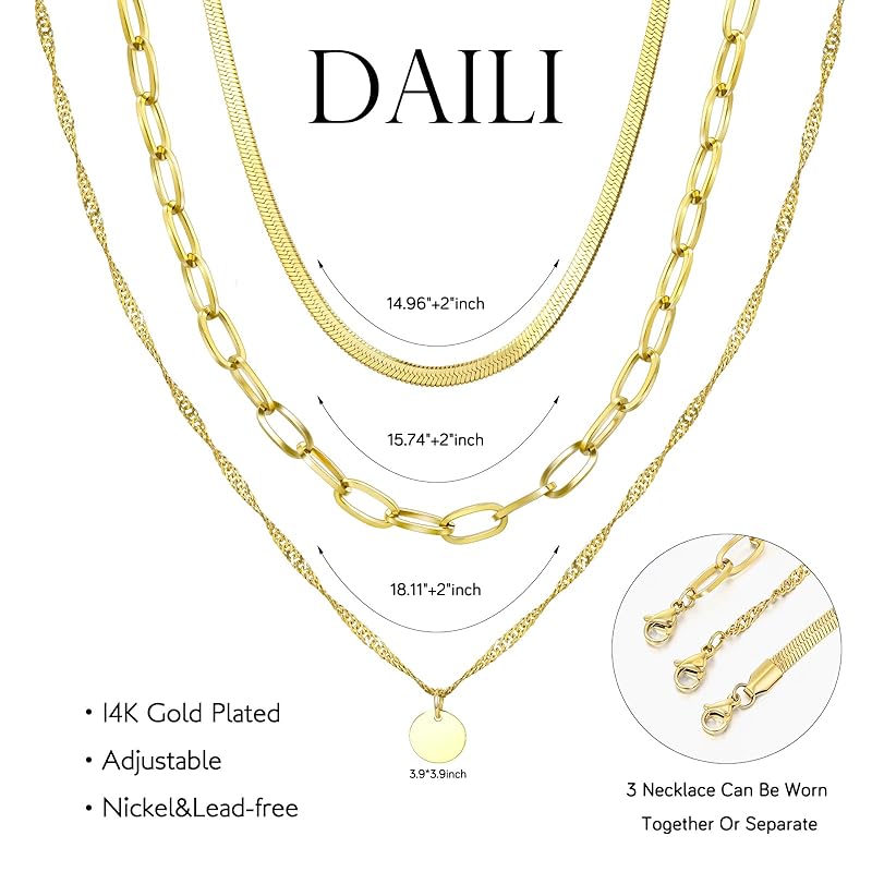 Gold Layered Necklaces for Women,14k Gold Plated Dainty Necklace Stack Set,Non Tarnish Adjustable Stainless Steel Herringbone Snake Circle Pendant Paperclip Choker Chain Jewelry