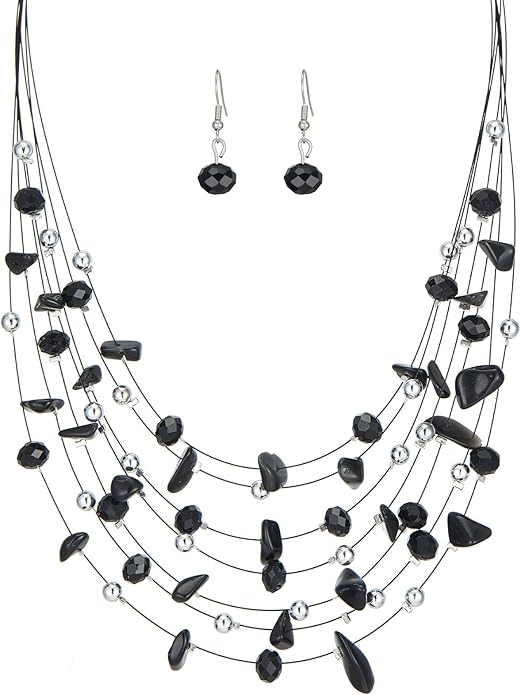 Multi-Layer Boho Shell Beaded Necklace for Women Colorful Crystal Strand with Silver Beads Statement Collars Necklace and Earrings Costumes Jewelry Sets for Women
