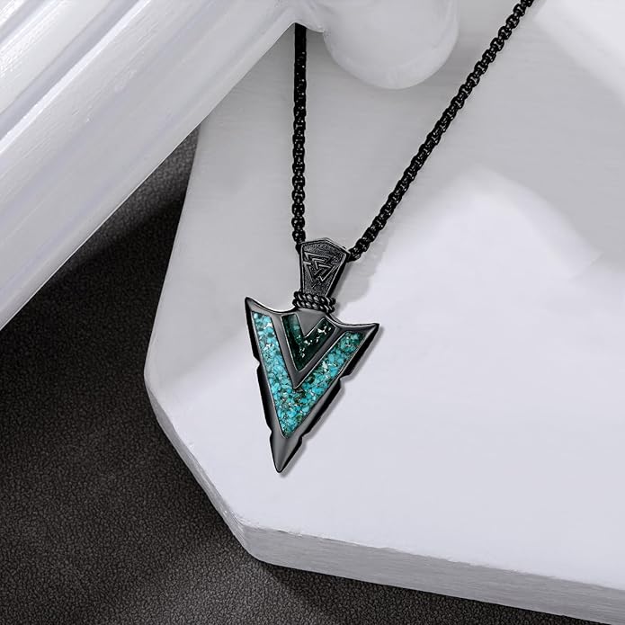 Suiknsn Arrowhead Necklace for Men Women 925 Sterling Silver Turquoise Malachite Celtic/Eye of Horus/Viking Arrow Pendant Amulet Jewelry Gifts Native American Necklace