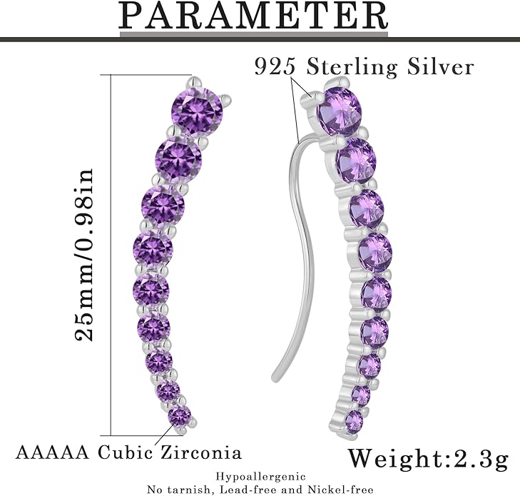 Climber Earrings for Women 925 Sterling Silver Ear Crawler Earrings White/Yellow/Rose Gold Plated Cubic Zirconia Earrings Jewelry