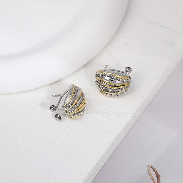 Two Tone Huggie Hoop Earrings Cross Over Design Twisted Rope Silver Gold Statement Wide Band Clip On Hoops for Women Fashion Jewelry Gift