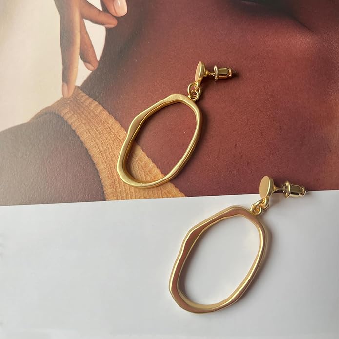 Stud Earrings for Women 14k Gold Plated Geometric Dangle Earrings Lightweight Minimalist Handmade Hammered Texture Oval Disc Drop Double-layer Big Hoop Dangle Earrings for Women