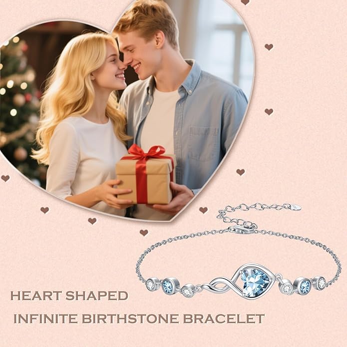 Infinity Birthstone Bracelet 925 Sterling Silver Heart Love Infinity Link Bracelet Fine Jewelry Birthday Christmas Gifts for Women Girlfriend Wife