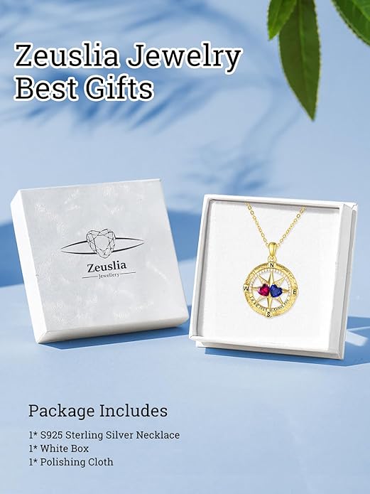 Zeuslia Double Birthstone Necklace Gifts for Wife - 925 Sterling Silver Sunflower/Rose/Crown Cross/Compass/Heart Pendant I Love You Necklace, Anniversary Birthday Gifts for Wife Girlfriend Mom Her