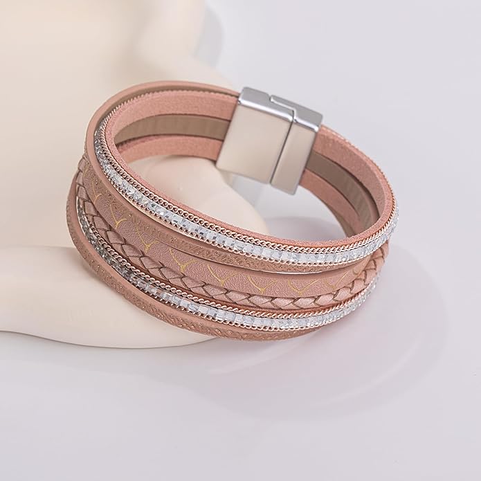 FANCY SHINY Boho Leather Wrap Bracelets Trendy Layered Bracelets with Magnetic Clasp Strackable Bohemian Jewelry Gifts for Women