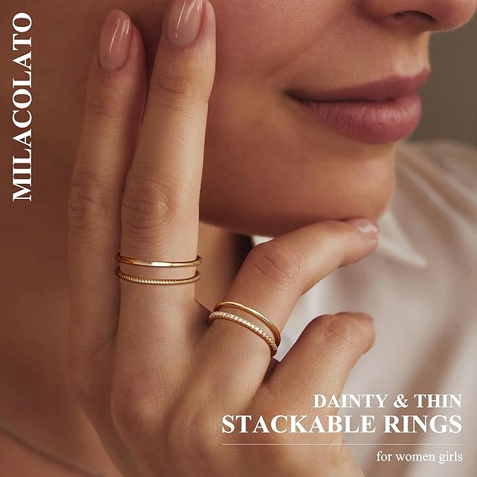 MILACOLATO 14K Gold Plated 1.3mm Thin Stackable Rings for Women - Minimalist Non Tarnish Half Cubic Zirconia Band Rings - Dainty Trendy Statement Stacking Rings Set Size 5-10