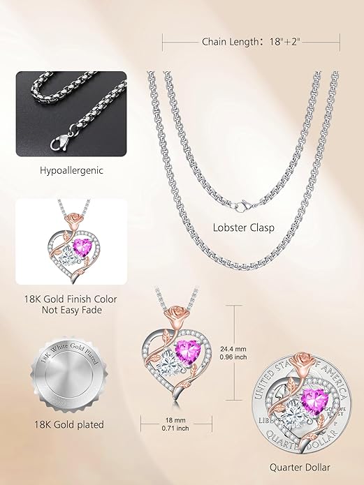 Christmas Gifts for Women Rose Heart Birthstone Pendant Necklace I Love You Forever Jewelry Valentine Mothers Day Birthday Gifts for Women Her Wife Girlfriend