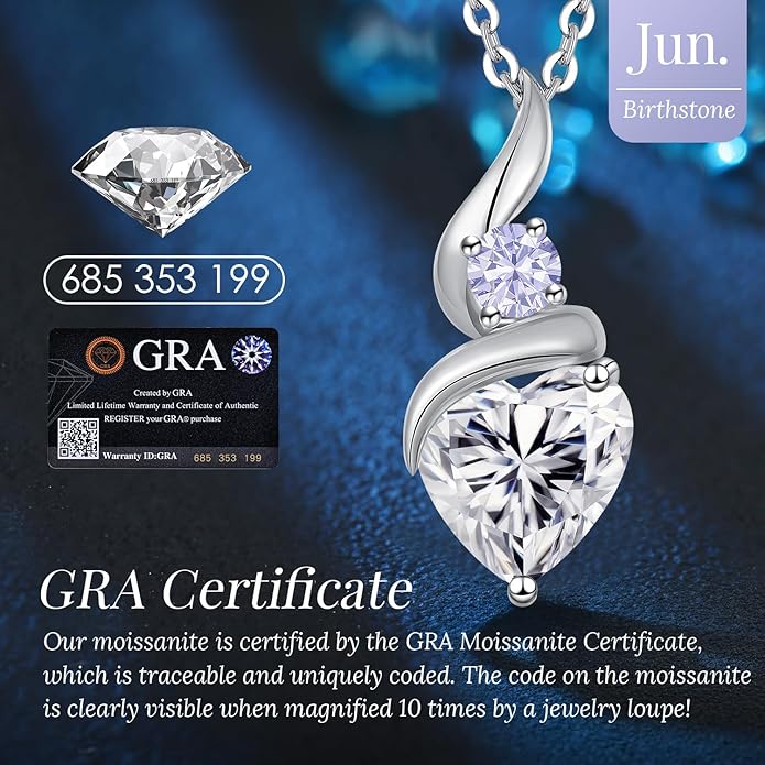 ANDSO Moissanite Heart Pendant Necklaces for Women, 925 Sterling Silver Necklace with Birthstone, Ideal Anniversary Present or Birthday Christmas Valentine Jewelry Gifts for Mom Wife Her Girlfriend