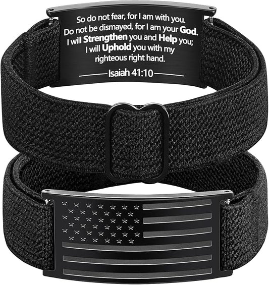 LDOWWGL Valentines Day Gifts - Patriotic American Flag Bracelet for Men - Military Adjustable Black Elastic Strap with Bible Verse - Veteran Gifts, Birthday Gift for Boys