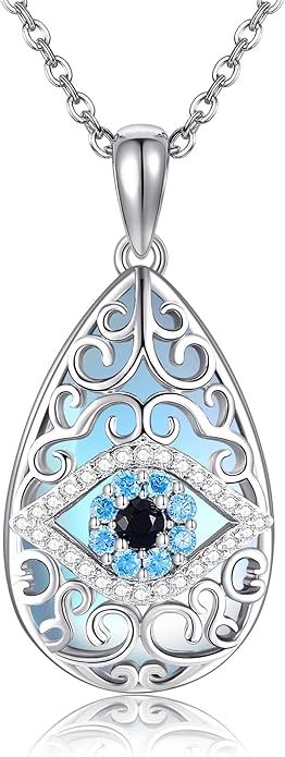 Evil Eye Necklace 925 Sterling Silver Moonstone Evil Eye Pendant Necklace Evil Eye Lucky Protection Jewelry Gifts for Women