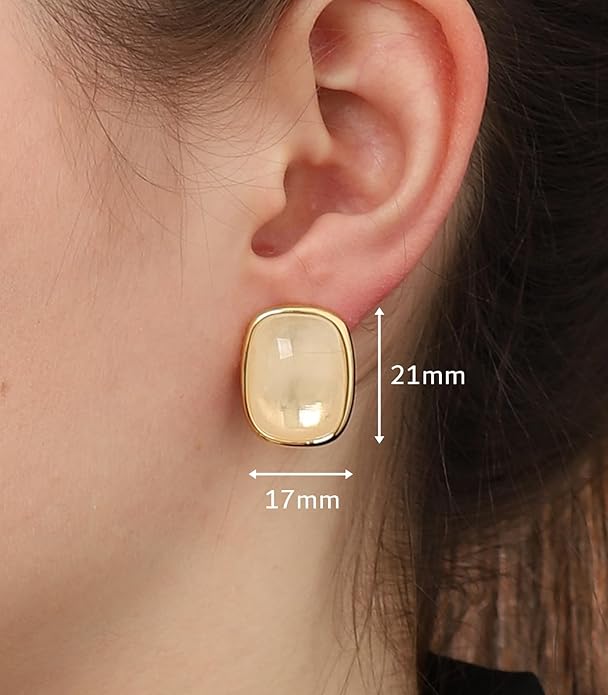 M.DUN- Round Edges Rectangle Shape Studs Earring. Abalone Amber Turquoise Resin Stone Design, 18k Real Gold Plated Bezel, Hypoallergenic Gorgeous Gift for Women