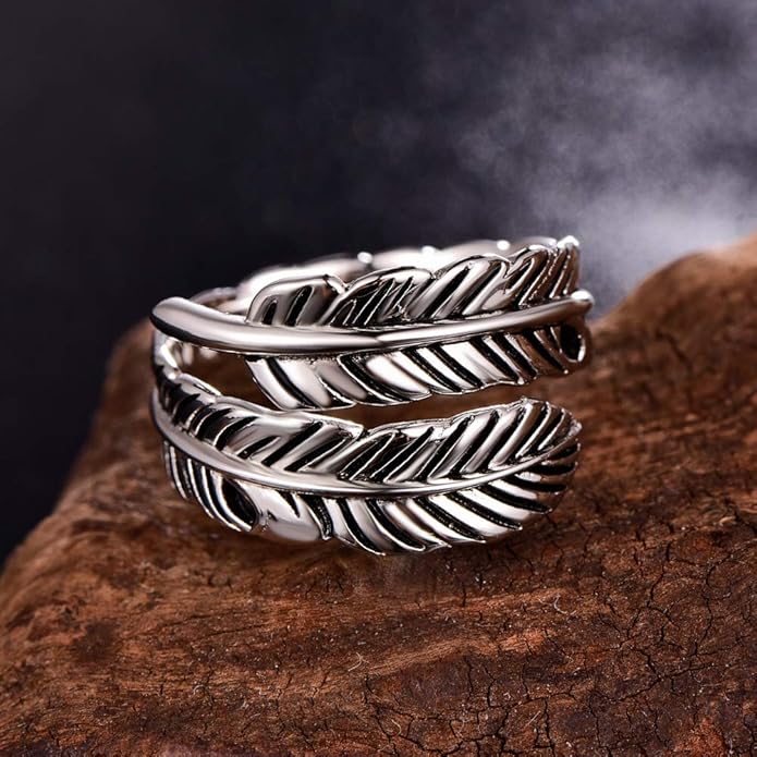 Sterling Silver Feather Ring with Black Onyx & Turquoise - Adjustable Stacking Vintage Statement Ring for Women & Men