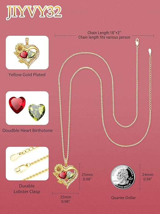 Sunflower Heart Necklace for Women 14K Gold Exquisite Anniversary Birthday Gifts for Wife Mother Her Double Birthstone Pendant jewelry‘You Are My Sunshine’