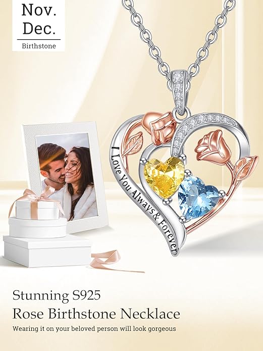 Zeuslia Double Birthstone Necklace Gifts for Wife - 925 Sterling Silver Sunflower/Rose/Crown Cross/Compass/Heart Pendant I Love You Necklace, Anniversary Birthday Gifts for Wife Girlfriend Mom Her