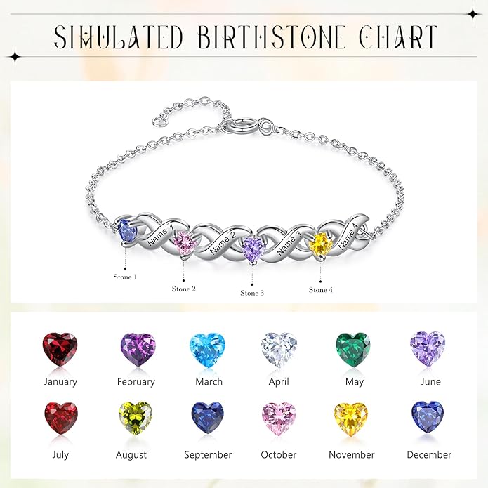 Personalized Custom Name Heart Bracelet with 1-6 Birthstone Bracelets for Women Engraved Family Names Link Bracelets for Mother's Day Mom Daughter