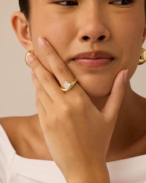 PAVOI 14K Gold Plated Wavy Engagement Ring for Women | Solitaire Cubic Zirconia Wedding Band & Promise Rings for Her | Trendy Fashion Jewelry