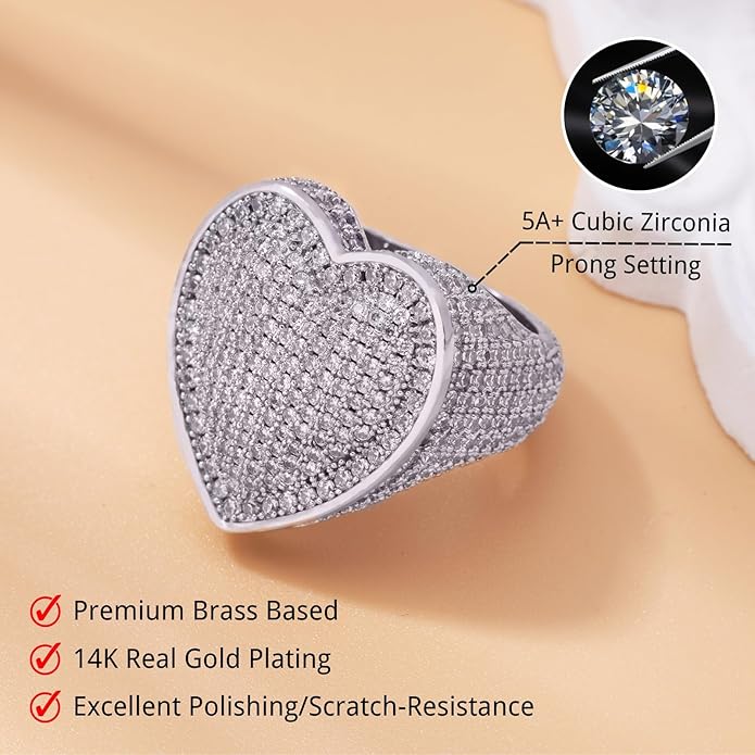 Iced Out Jewelry 5A Cz Stones Shiny Baguette Heart Engagement Gold Luxury Diamond Ring, Hip Hop Bling Bling 18K Gold Plated Party Pinky Ring Men Women