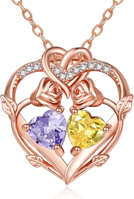 Rose Gold Necklaces for Women Double Birthstone Rose Flower Heart Pendant Necklace Jewelry Anniversary Christmas Valentine's Mother's Day Birthday Gift for Wife Mom Her Girlfriend Sister