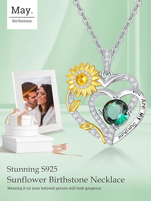 Zeuslia Double Birthstone Necklace Gifts for Wife - 925 Sterling Silver Sunflower/Rose/Crown Cross/Compass/Heart Pendant I Love You Necklace, Anniversary Birthday Gifts for Wife Girlfriend Mom Her