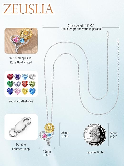 Zeuslia Double Birthstone Necklace Gifts for Wife - 925 Sterling Silver Sunflower/Rose/Crown Cross/Compass/Heart Pendant I Love You Necklace, Anniversary Birthday Gifts for Wife Girlfriend Mom Her