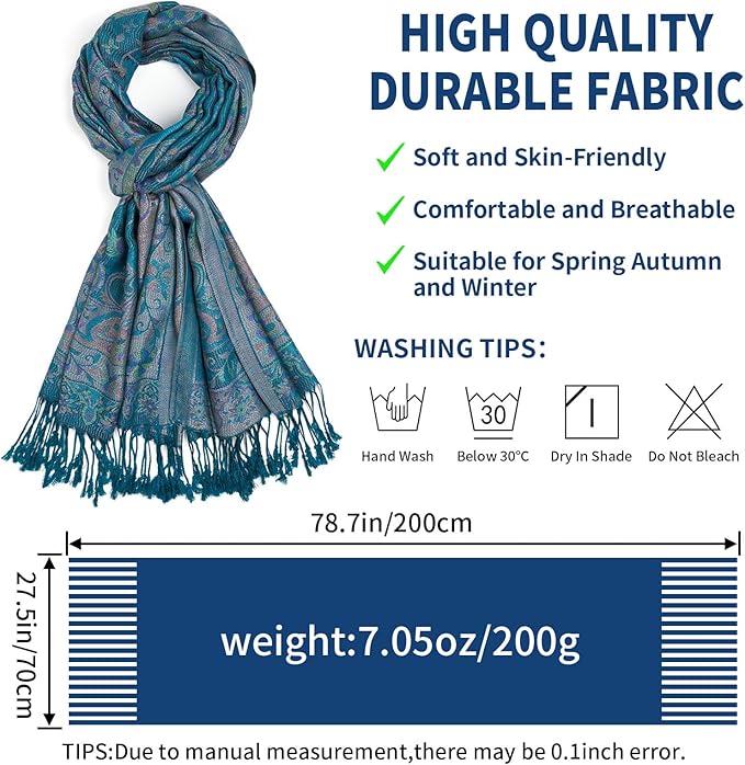 QIUTIMIY Paisley Pashmina Shawl Wrap Women Reversible Vintage Jacquard Pashmina Rave Scarf with Fringe for Evening, Wedding