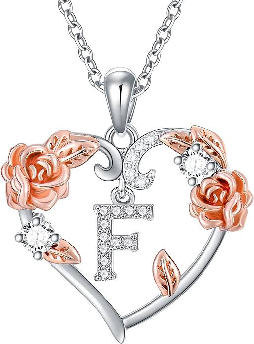 AOBOCO Rose Heart Necklaces Valentines Gifts for Women, 925 Sterling Silver Rose Love Heart Initial Letter Pendant Necklace Jewelry Mothers Day Christmas Birthday Gifts for Her Mom Wife Girlfriend