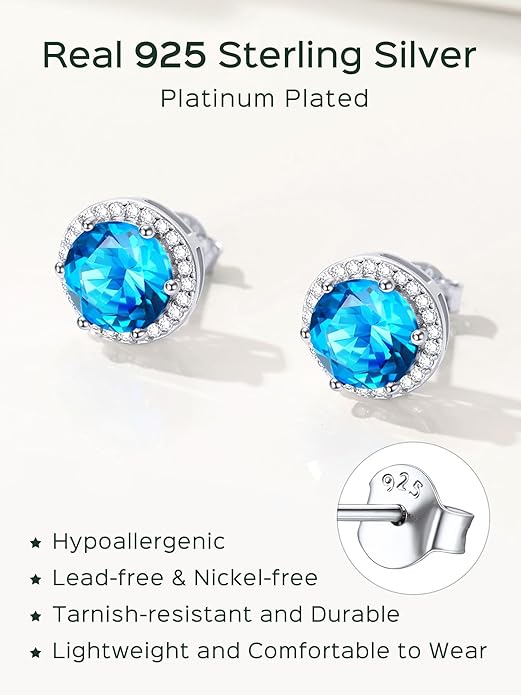 ChicSilver 925 Sterling Silver Birthstone Earrings for Women, 8MM/2 Carat Heart & Round Cubic Zirconia Stud Earrings, Hypoallergenic Jewelry, Ideal Birthday or Christmas Gifts