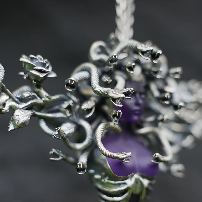 Medusa Pendant Brooch | Gothic Fashion Jewelry with Purple Crystal | Statement Myth-Inspired Accessory for Women