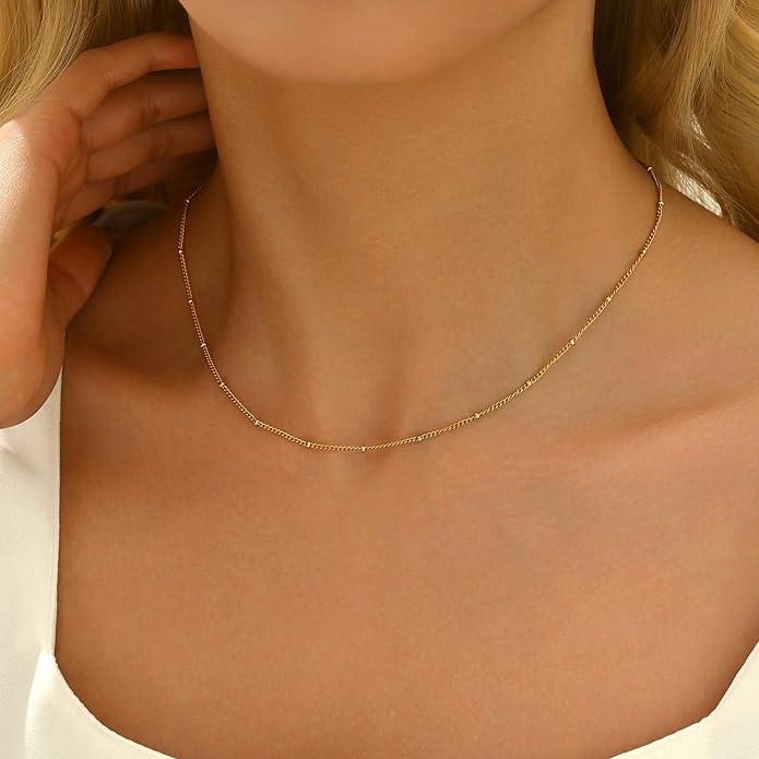 Dainty Chain Necklace for Women, 18K Gold Plated Coin Disc Choker Necklaces Simple Satellite Beaded Twisted Thin Paper Clip Chain Everyday Jewelry Gifts