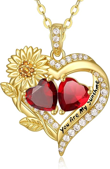 Sunflower Heart Necklace for Women 14K Gold Exquisite Anniversary Birthday Gifts for Wife Mother Her Double Birthstone Pendant jewelry‘You Are My Sunshine’