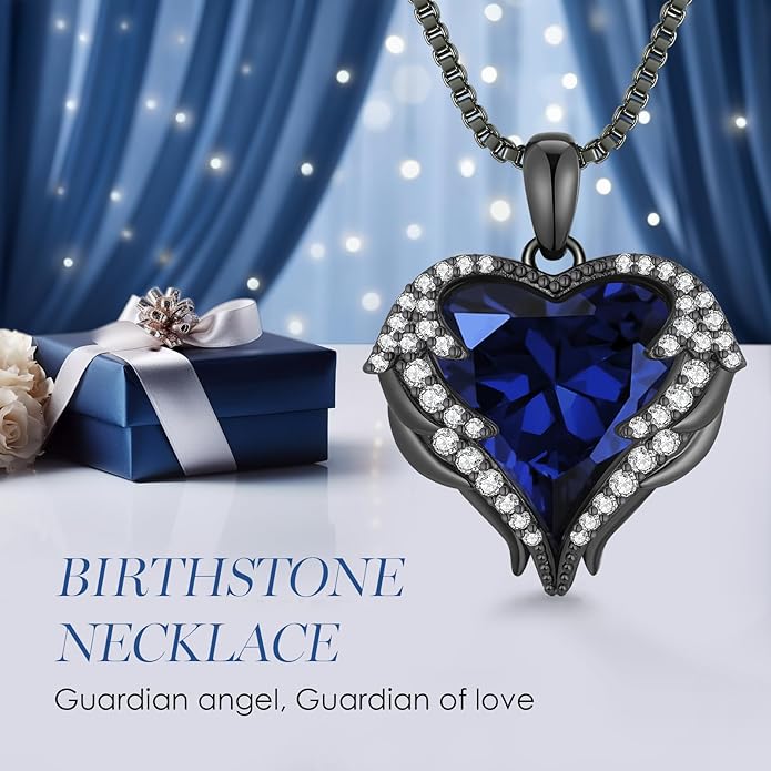 CDE Angel Wings Necklace for Women with Birthstone, Love Heart Silver Tone/Gold Tone Pendant, Ideal Anniversary or Birthday Jewelry Gifts for Wife Girlfriend Her