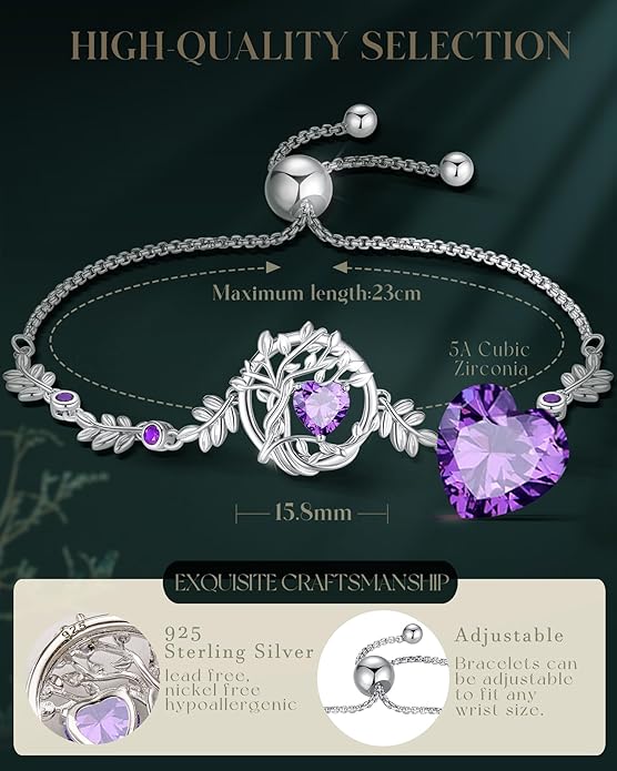 FANCIME Tree of life Birthstone Bracelet for Women Sterling Silver Tree Jewelry Birthstone Charm Bracelet Gemstone Anniversary Birthday Christmas Gifts for Wife Mom Her